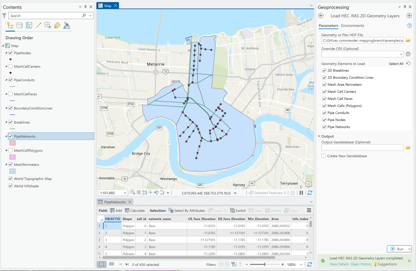 Imported New Orleans pipe-network and mesh geometry